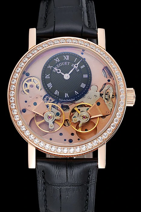 Breguet Tradition Black Dial Gold Diamond Case Black Leather Bracelet new124883
