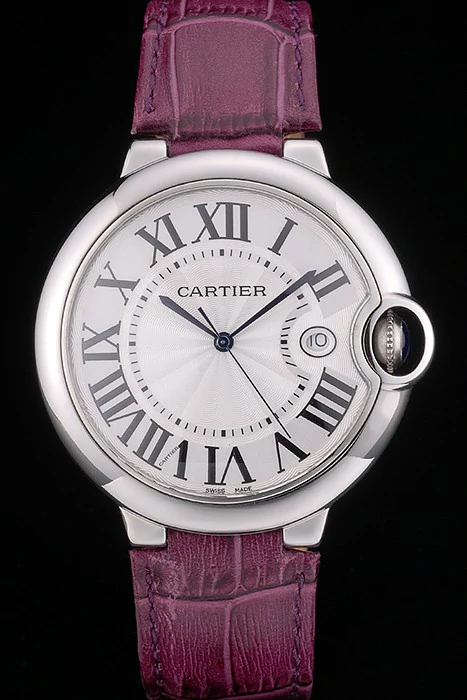 Cartier Ballon Bleu 42mm White Dial Stainless Steel Case Purple Leather Bracelet new121644