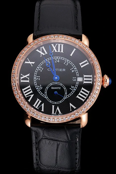 Cartier Ronde Louis Cartier Black Dial Gold Case Diamond Bezel Black Leather Strap new121532