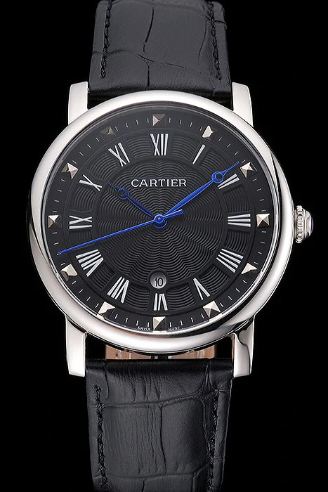Cartier Rotonde Date Black Dial Stainless Steel Case Black Leather Strap new121356