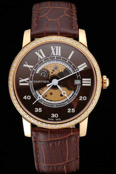 Cartier Rotonde Small Complication Brown Dial Gold Diamond Case Brown Leather Strap new121251