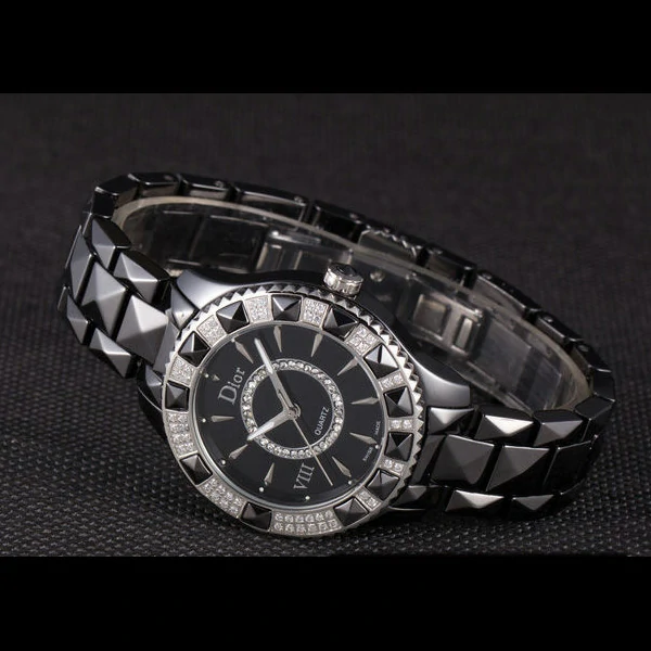 Dior VIII Diamond Encrusted Black Bezel Black Bracelet new59450