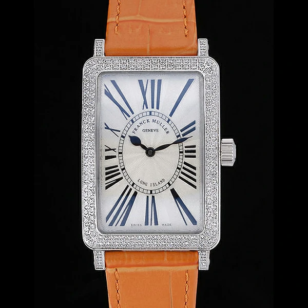 Franck Muller Long Island Classic White Dial Diamonds Case Orange Leather Band new60267