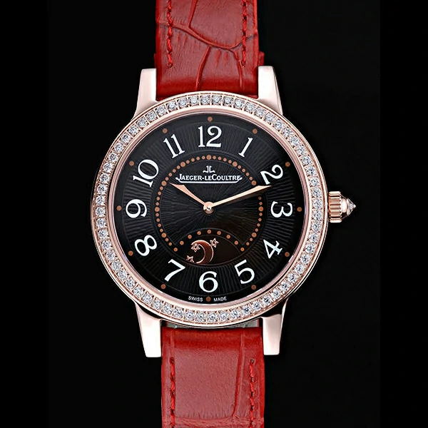 Jaeger LeCoultre Rendez Vous Black Dial Red Leather Strap Diamond Bezel new59985