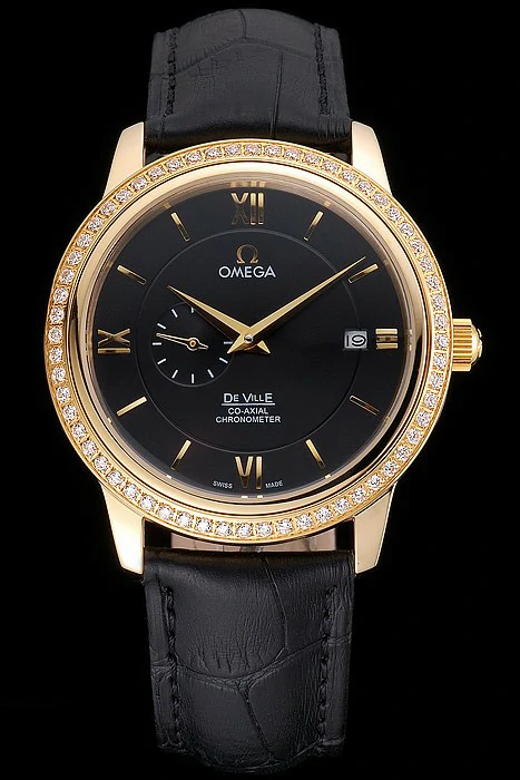 Omega De Ville Prestige Co Axial Black Dial Gold Diamond Case Black Leather Strap Roman Numeral new121244
