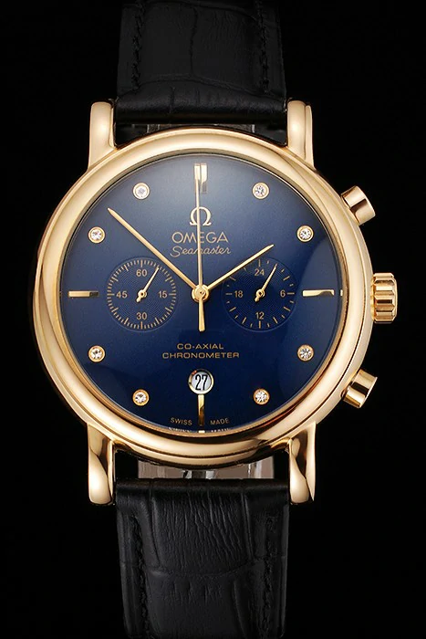 Omega Seamaster Vintage Chronograph Blue Dial Diamond Hour Marks Gold Case Black Leather Strap new122602