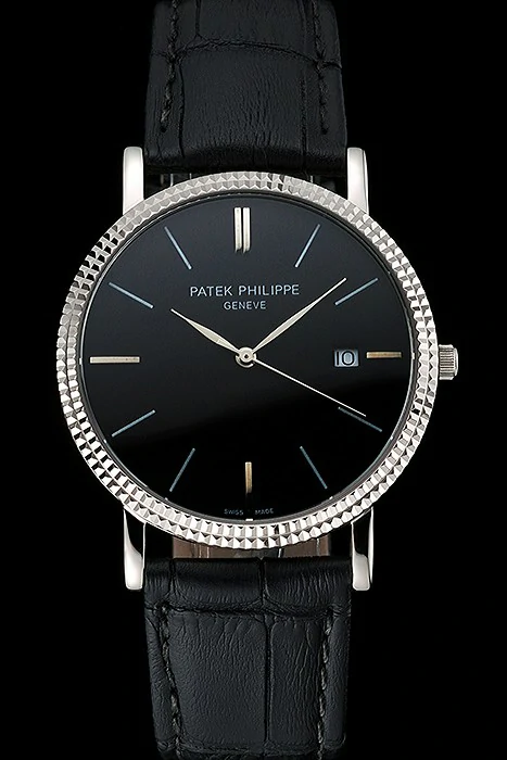 Patek Philippe Calatrava Black Dial Ribbed Bezel Stainless Steel Case Black Leather Strap new122470
