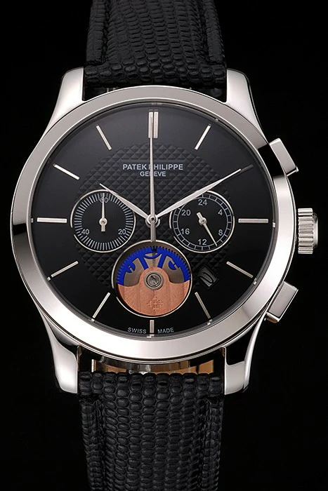 Patek Philippe Chronograph Black Dial Stainless Steel Case Black Leather Strap new123378