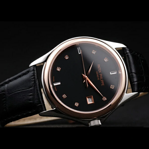 Patek Philippe Geneve Calatrava Crystal Studded Hour Marker Black Dial Black Leather Strap new58228