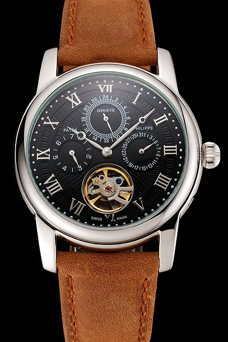Patek Philippe Grand Complications Day Date Tourbillon Black Dial Numerals Stainless Steel Case Brown Suede Leather Strap new123921