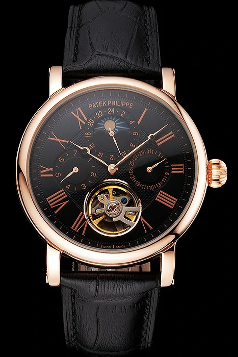 Patek Philippe Grand Complications Moonphase Perpetual Calendar Tourbillon Black Dial Rose Gold Case Black Leather Strap new122624