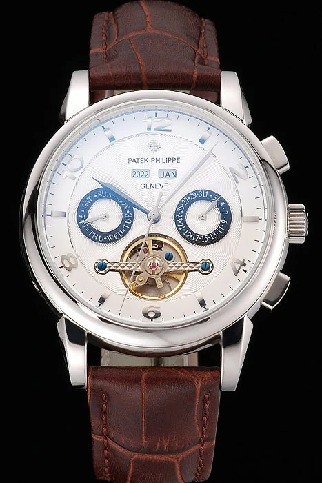 Patek Philippe Perpetual Calendar Tourbillon White Dial Stainless Steel Case Brown Leather Strap new121083