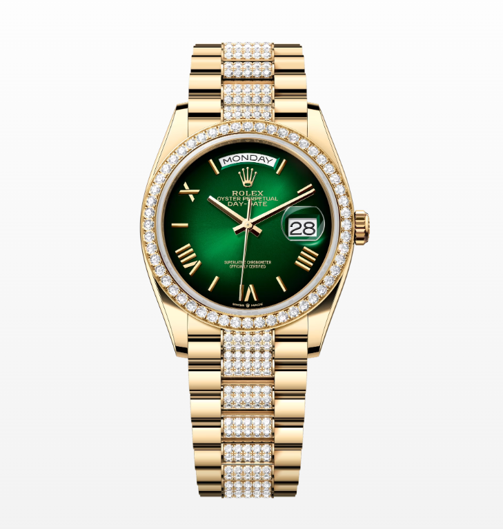 Replica Rolex Day-Date Green Ombré Dial 36MM Yellow Gold Diamond Watch