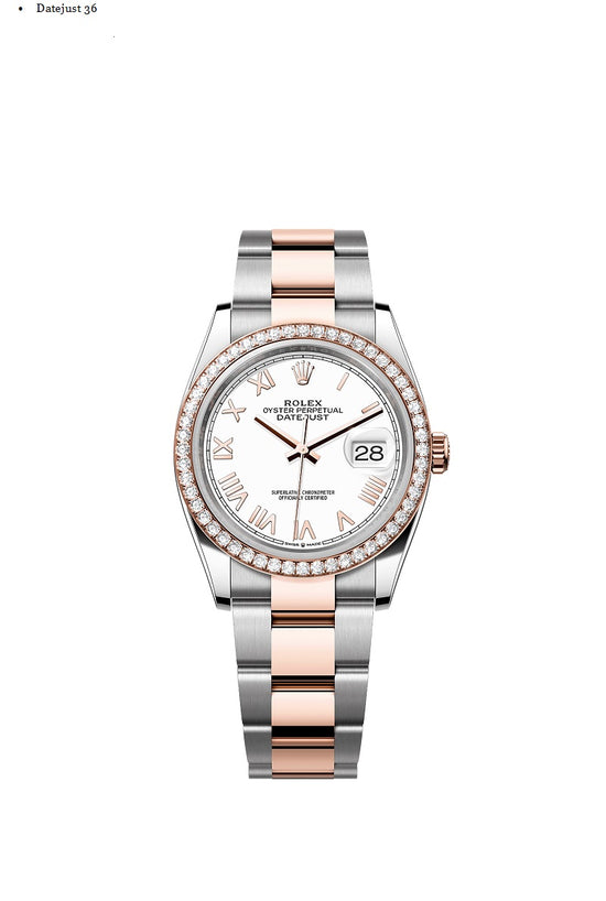 Rolex Replica Watch Datejust 36, Oystersteel and 18k Everose Gold, Intense white Roman dial, Diamond-set bezel Oyster, 126281rbr-0034