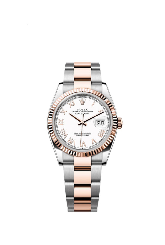 Rolex Replica Watch Datejust 36, Oystersteel and 18k Everose Gold, Intense White Roman dial, Fluted Oyster, 126231-0046