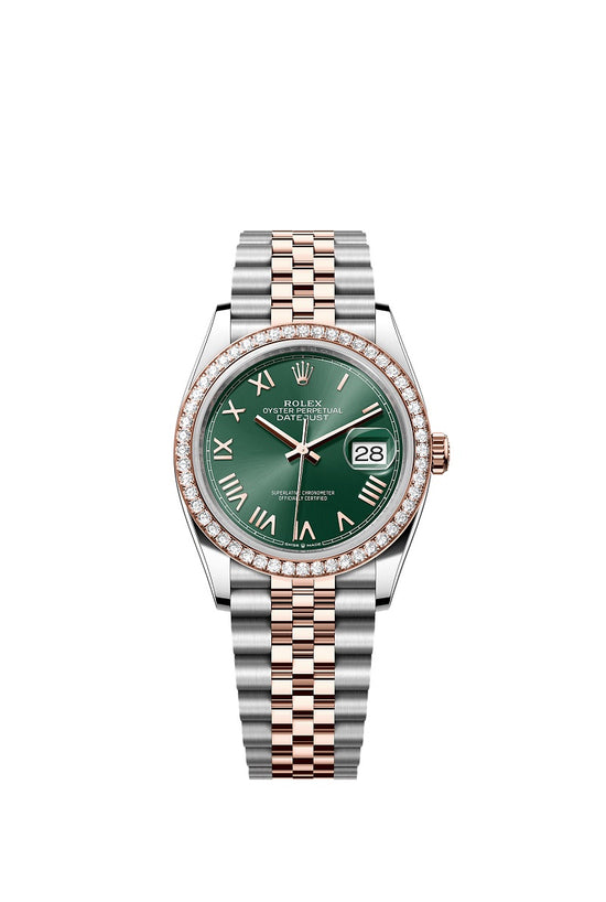 Rolex Replica Watch Datejust 36, Oystersteel and 18k Everose Gold, Mint green sunray Roman dial, Diamond-set bezel Jubilee, 126281rbr-0039