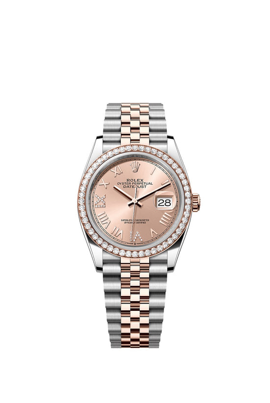 Rolex Replica Watch Datejust 36, Oystersteel and 18k Everose Gold, Rosé-colour set with diamonds dial, Diamond-set bezel Jubilee, 126281rbr-0037