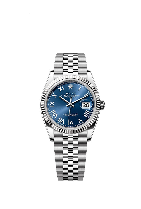 Rolex Replica Watch Datejust 36, Oystersteel and 18k White Gold, Bright blue sunray dial, Fluted Jubilee, 126234-0069