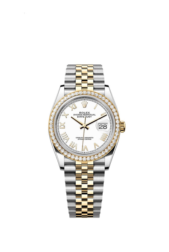 Rolex Replica Watch Datejust 36, Oystersteel and 18k Yellow Gold, Intense white Roman dial, Diamond-set bezel Jubilee, 126283RBR-0033