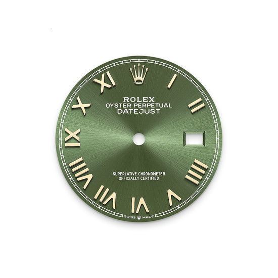 Rolex Replica Watch Datejust 36, Oystersteel and 18k Yellow Gold, Olive green Roman sunray dial, Fluted Jubilee, 126233-0053