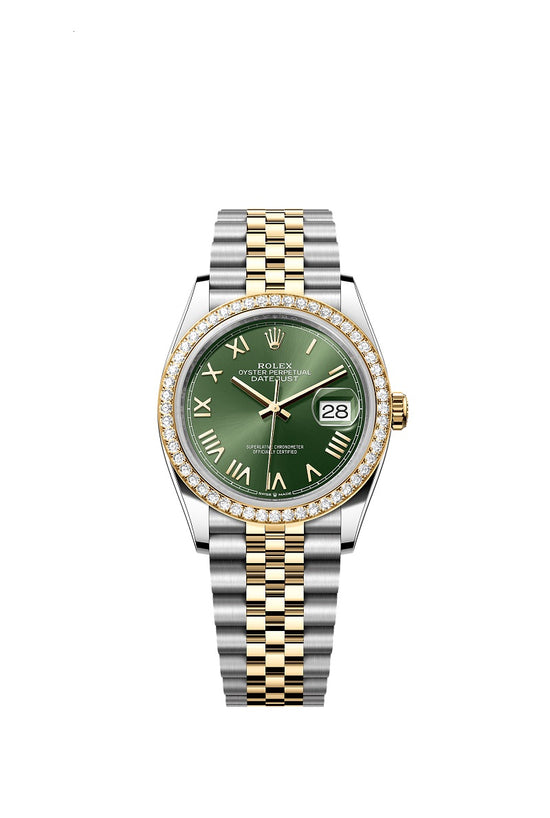 Rolex Replica Watch Datejust 36, Oystersteel and 18k Yellow Gold, Olive green sunray Roman dial, Diamond-set bezel Jubilee, 126283RBR-0039