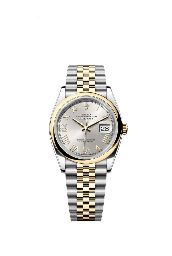 Rolex Replica Watch Datejust 36, Oystersteel and 18k Yellow Gold, Silver set with Diamonds dial, Domed Jubilee, 126203-0051