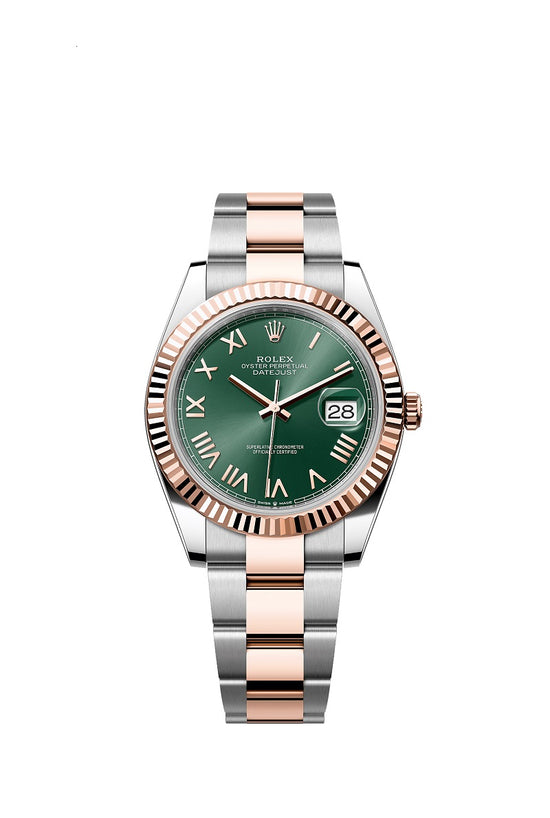 Rolex Replica Watch Datejust 41, Oystersteel and 18k Everose Gold, Mint green sunray Roman dial, Fluted Oyster, 126331-0021