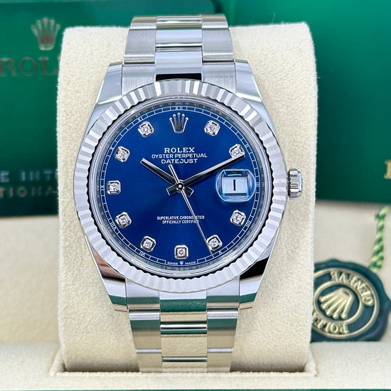 Rolex Replica Watch, Datejust 41, Oystersteel and 18k White Gold, Bright Blue with Diamonds Dial, Oyster 126334-0015