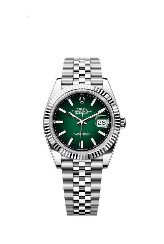 Rolex Replica Watch Datejust 41, Oystersteel and 18k White Gold, Green ombré dial, Fluted Jubilee, 126334-0034