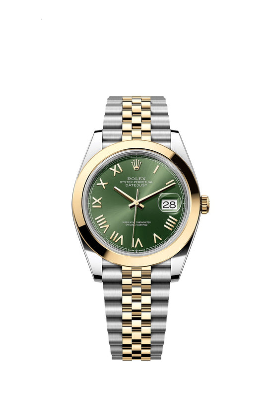 Rolex Replica Watch Datejust 41, Oystersteel and 18k Yellow Gold, Olive green Roman sunray dial, Smooth Jubilee, 126303-0024