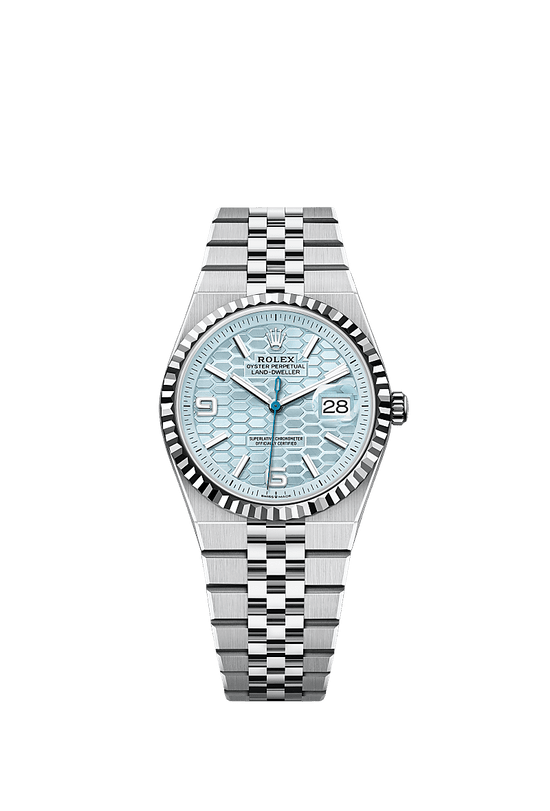 Rolex Replica Watch Land-Dweller 36, Platinum, Ice blue dial, Fluted Flat Jubilee, 127236-0001