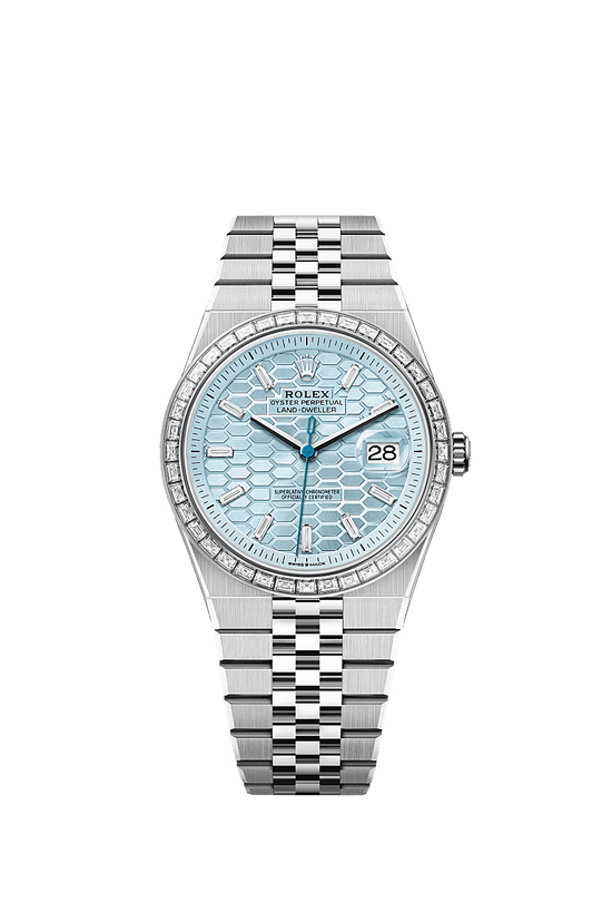 Rolex Replica Watch Land-Dweller 40, Platinum and Diamonds, Ice blue dial, Flat Jubilee, 127386tbr-0001