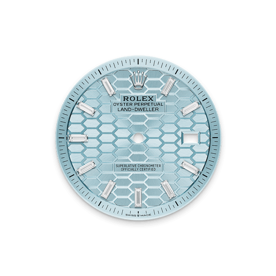 Rolex Replica Watch Land-Dweller 40, Platinum and Diamonds, Ice blue dial, Flat Jubilee, 127386tbr-0001