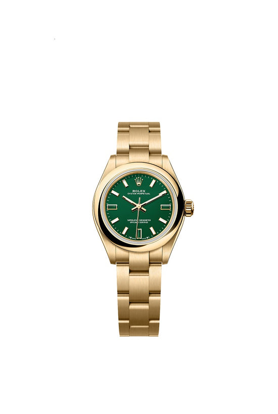 Rolex Replica Watch Oyster Perpetual 28, 18k Yellow Gold, 28mm, Green dial, Domed Oyster, 276208-0002