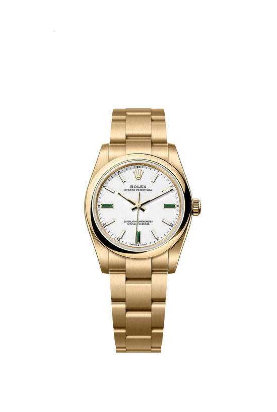 Rolex Replica Watch Oyster Perpetual 34, 18k Yellow Gold, 34mm, White dial, Domed Oyster, 124208-0002