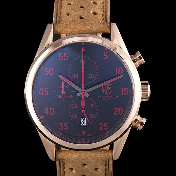 Tag Heuer Carrera SpaceX Rose Gold Bezel with Black Dial and Light Brown Leather Strap new59625